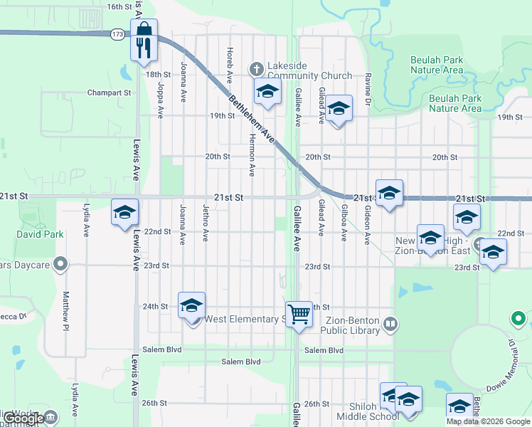 map of restaurants, bars, coffee shops, grocery stores, and more near 2115 Hermon Avenue in Zion