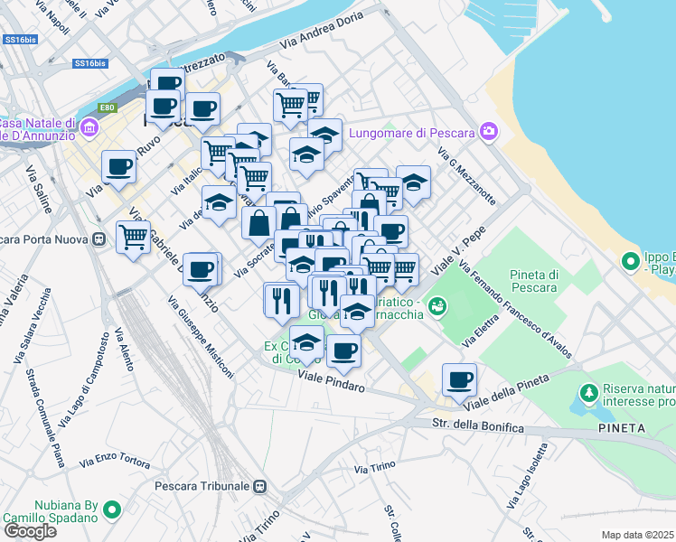 map of restaurants, bars, coffee shops, grocery stores, and more near 262 Viale Guglielmo Marconi in Pescara