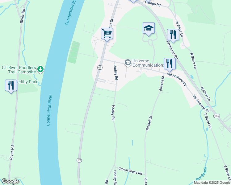 map of restaurants, bars, coffee shops, grocery stores, and more near 46 Hadley Road in Sunderland