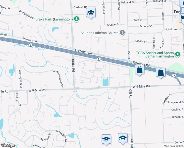 map of restaurants, bars, coffee shops, grocery stores, and more near 22540 Fairmont Drive in Farmington