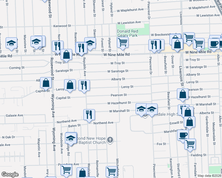 map of restaurants, bars, coffee shops, grocery stores, and more near 1586 Pearson Street in Ferndale