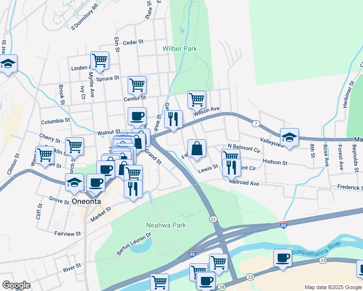 map of restaurants, bars, coffee shops, grocery stores, and more near 17 Fair Street in Oneonta