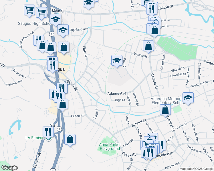 map of restaurants, bars, coffee shops, grocery stores, and more near 8 Austin Court in Saugus