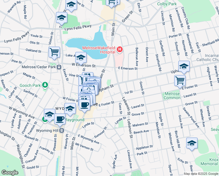 map of restaurants, bars, coffee shops, grocery stores, and more near 54 Winter Street Extension in Melrose