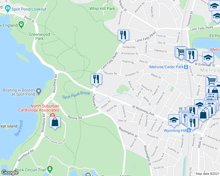 map of restaurants, bars, coffee shops, grocery stores, and more near 285 West Wyoming Avenue in Melrose