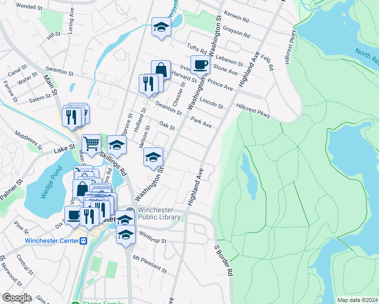 map of restaurants, bars, coffee shops, grocery stores, and more near 17 Webster Street in Winchester