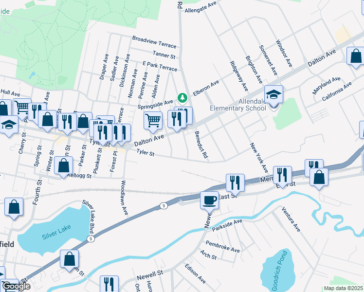 map of restaurants, bars, coffee shops, grocery stores, and more near 10 Dartmouth Street in Pittsfield