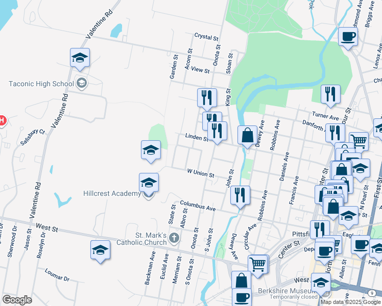map of restaurants, bars, coffee shops, grocery stores, and more near 26 Indian Street in Pittsfield