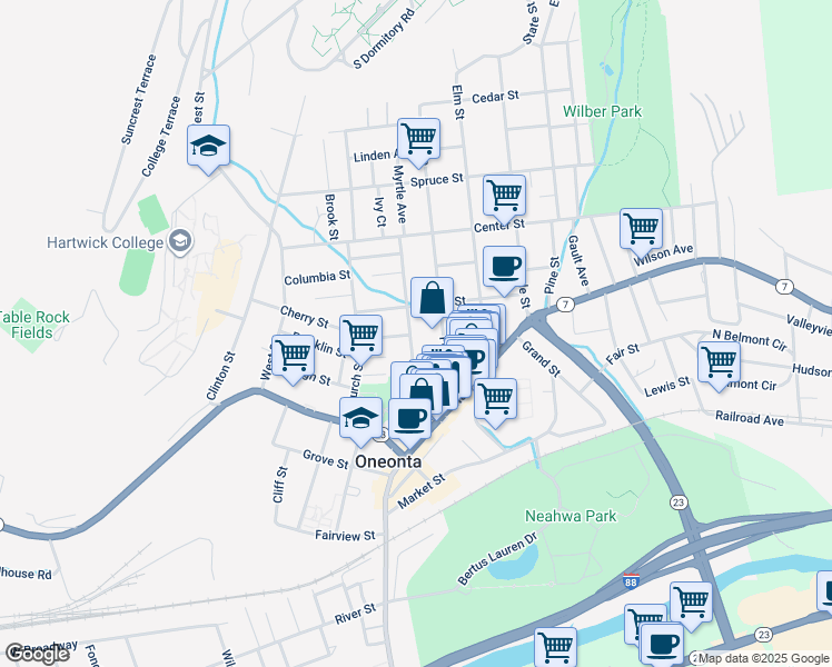 map of restaurants, bars, coffee shops, grocery stores, and more near 39 Dietz Street in Oneonta