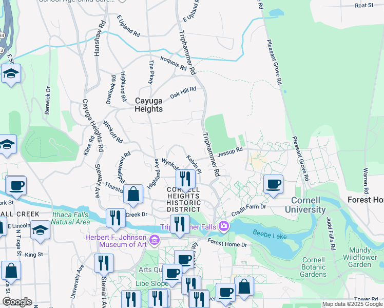 map of restaurants, bars, coffee shops, grocery stores, and more near 116 Dearborn Place in Ithaca