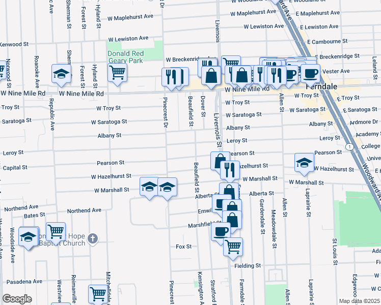 map of restaurants, bars, coffee shops, grocery stores, and more near 1003 Pearson Street in Ferndale