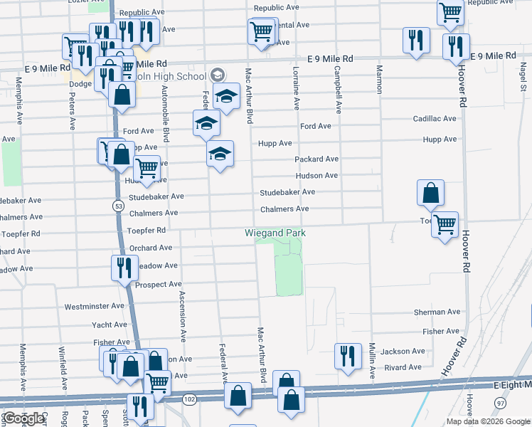map of restaurants, bars, coffee shops, grocery stores, and more near 8631 Toepfer Road in Warren