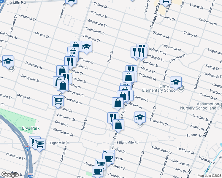 map of restaurants, bars, coffee shops, grocery stores, and more near 22016 Rosedale Street in St. Clair Shores