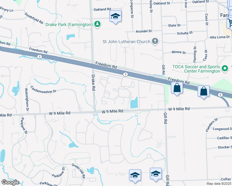 map of restaurants, bars, coffee shops, grocery stores, and more near 22488 Bell Court in Farmington Hills