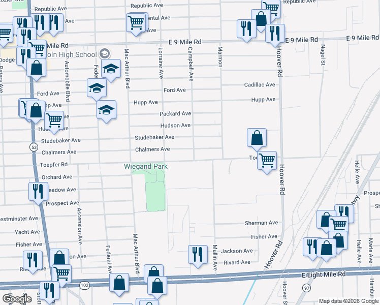 map of restaurants, bars, coffee shops, grocery stores, and more near 11115 Toepfer Road in Warren