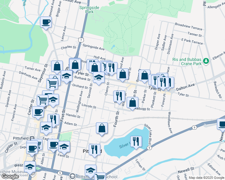 map of restaurants, bars, coffee shops, grocery stores, and more near 55 Spring Street in Pittsfield
