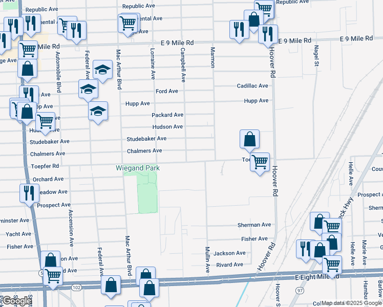 map of restaurants, bars, coffee shops, grocery stores, and more near 11115 Toepfer Road in Warren