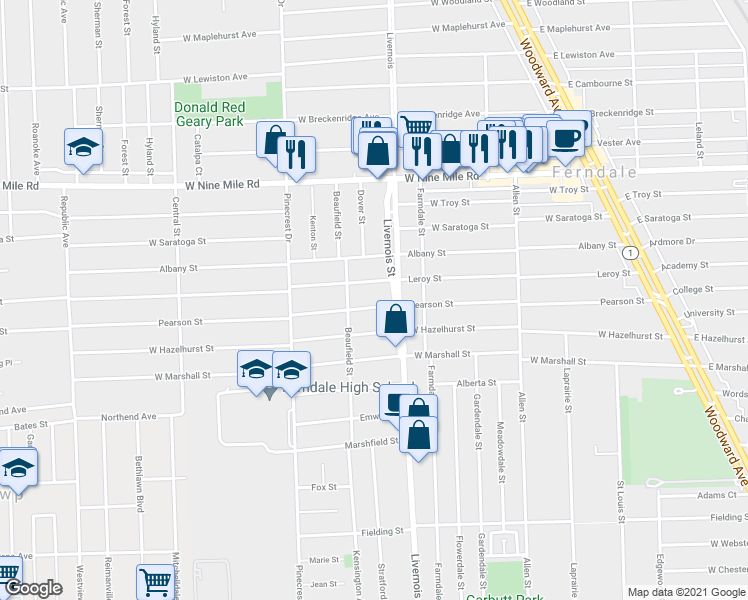 map of restaurants, bars, coffee shops, grocery stores, and more near 938 Pearson Street in Ferndale