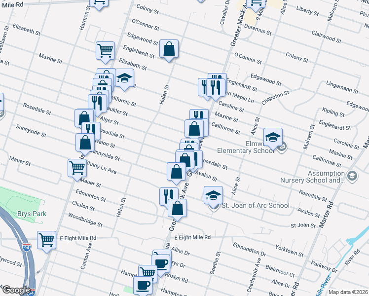 map of restaurants, bars, coffee shops, grocery stores, and more near 22124 Rosedale Street in St. Clair Shores