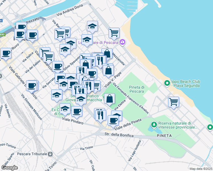map of restaurants, bars, coffee shops, grocery stores, and more near 95 Viale Pepe in Pescara