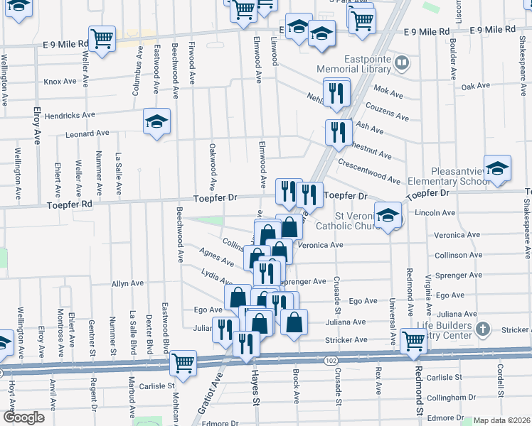 map of restaurants, bars, coffee shops, grocery stores, and more near 15015 Lincoln Avenue in Eastpointe