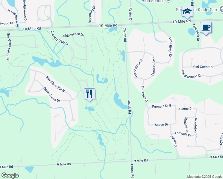 map of restaurants, bars, coffee shops, grocery stores, and more near 53284 Hidden River Drive in South Lyon