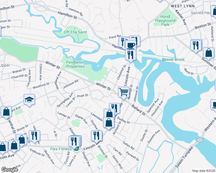 map of restaurants, bars, coffee shops, grocery stores, and more near in Saugus
