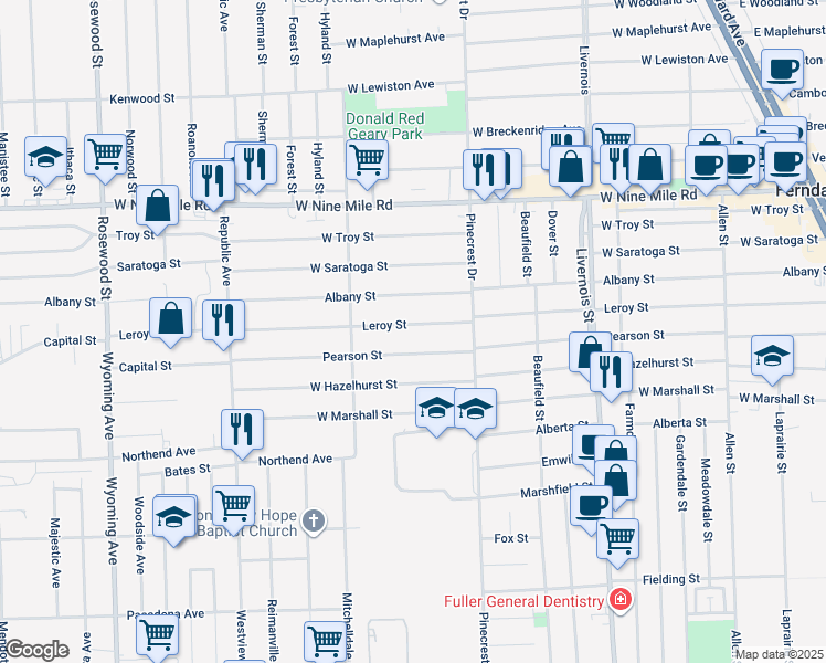 map of restaurants, bars, coffee shops, grocery stores, and more near 1308 Pearson Street in Ferndale