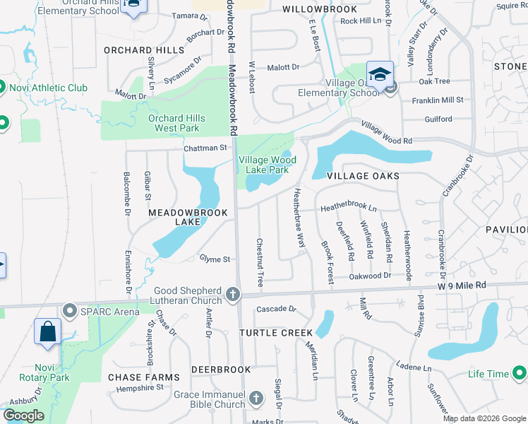 map of restaurants, bars, coffee shops, grocery stores, and more near 22731 Shadowpine Way in Novi