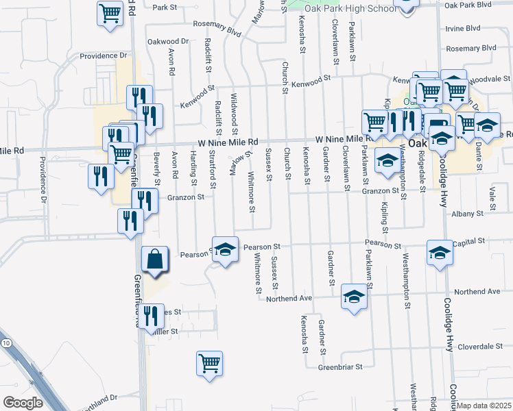 map of restaurants, bars, coffee shops, grocery stores, and more near 21930 Whitmore Street in Oak Park