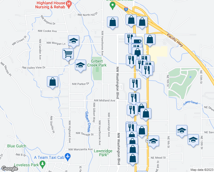 map of restaurants, bars, coffee shops, grocery stores, and more near 1540 Northwest Lawnridge Avenue in Grants Pass