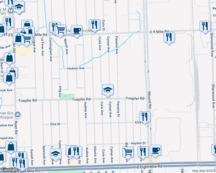 map of restaurants, bars, coffee shops, grocery stores, and more near 21915 Cyman Avenue in Warren