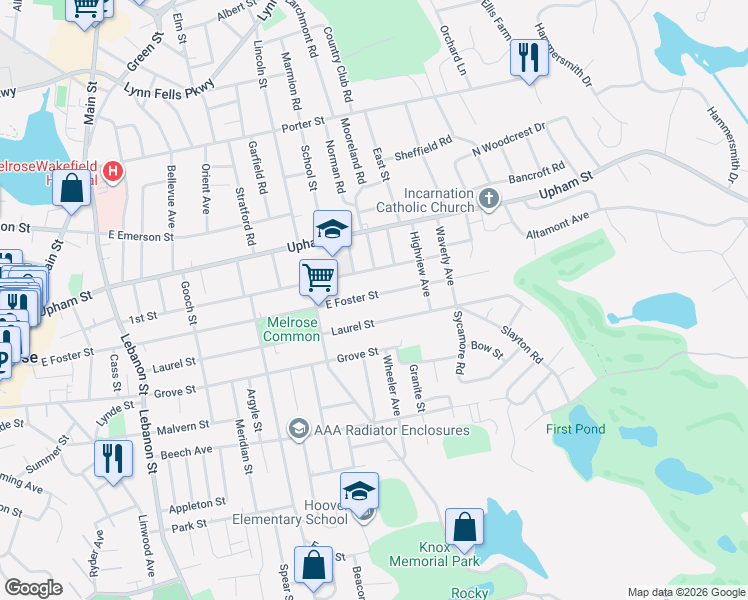 map of restaurants, bars, coffee shops, grocery stores, and more near 353 East Foster Street in Melrose