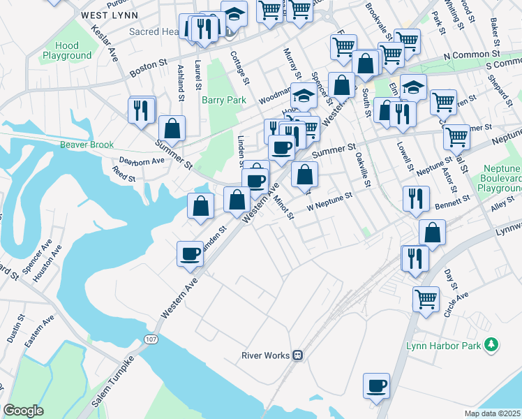 map of restaurants, bars, coffee shops, grocery stores, and more near 920 Western Avenue in Lynn