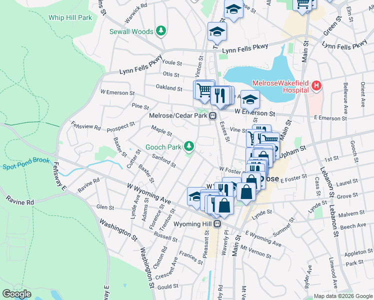 map of restaurants, bars, coffee shops, grocery stores, and more near 191 Florence Street in Melrose