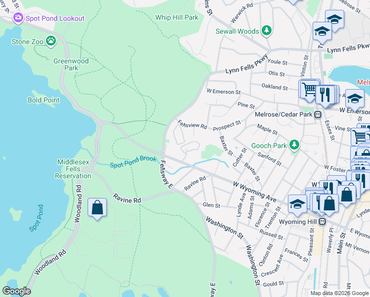 map of restaurants, bars, coffee shops, grocery stores, and more near 291 West Wyoming Avenue in Stoneham