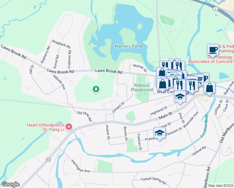 map of restaurants, bars, coffee shops, grocery stores, and more near 14B Conant Street in Concord