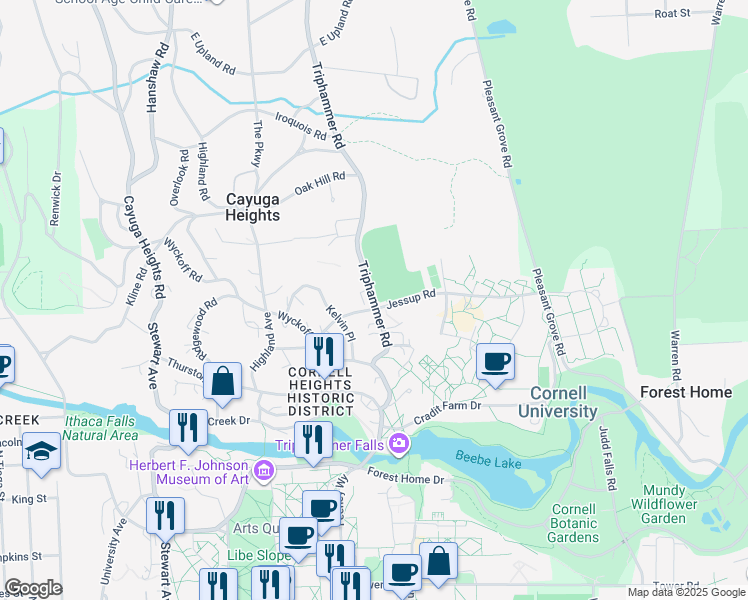 map of restaurants, bars, coffee shops, grocery stores, and more near in Ithaca