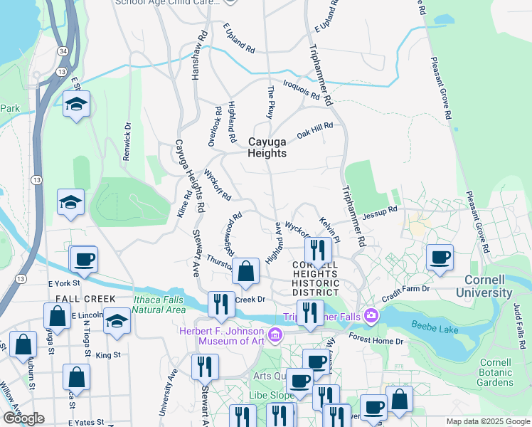 map of restaurants, bars, coffee shops, grocery stores, and more near 105 Westbourne Lane in Ithaca