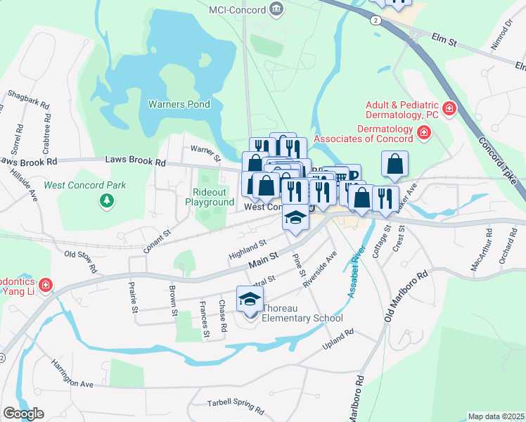 map of restaurants, bars, coffee shops, grocery stores, and more near 48 Junction Square Drive in Concord