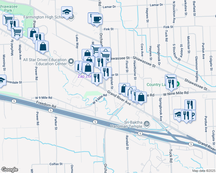 map of restaurants, bars, coffee shops, grocery stores, and more near 31230 Grand River Avenue in Farmington