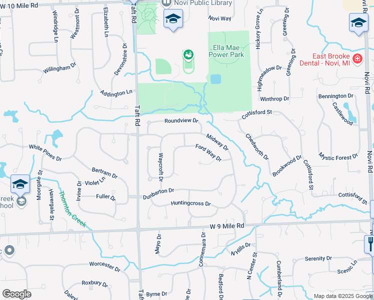 map of restaurants, bars, coffee shops, grocery stores, and more near 44933 Lightsway Drive in Novi