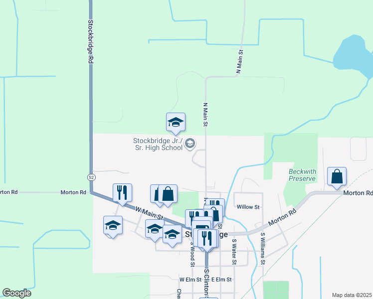 map of restaurants, bars, coffee shops, grocery stores, and more near 416 North Clinton Street in Stockbridge