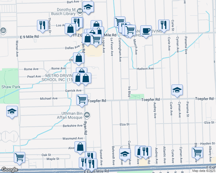 map of restaurants, bars, coffee shops, grocery stores, and more near 22012 Logue Avenue in Warren