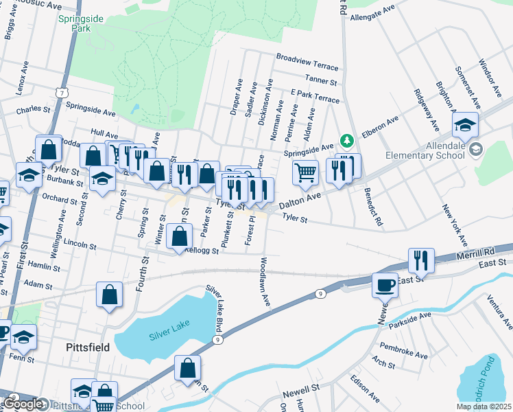 map of restaurants, bars, coffee shops, grocery stores, and more near 771 Tyler Street in Pittsfield