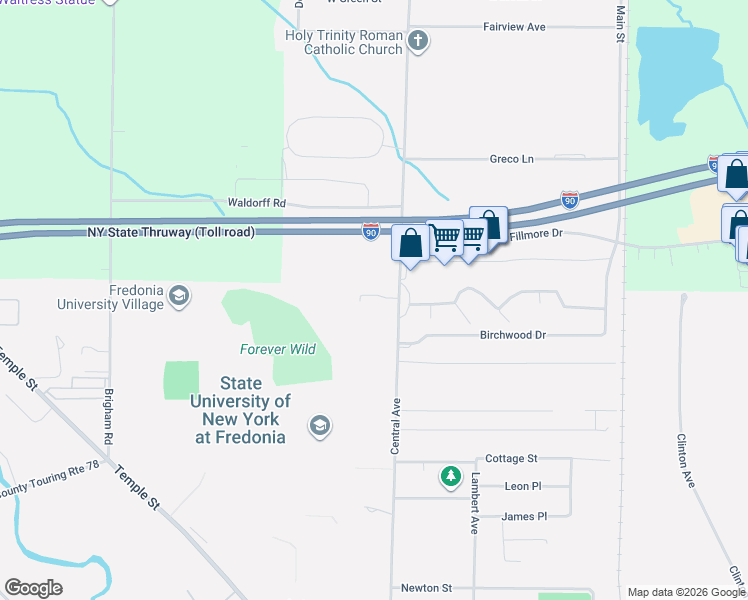 map of restaurants, bars, coffee shops, grocery stores, and more near 340 Central Avenue in Fredonia