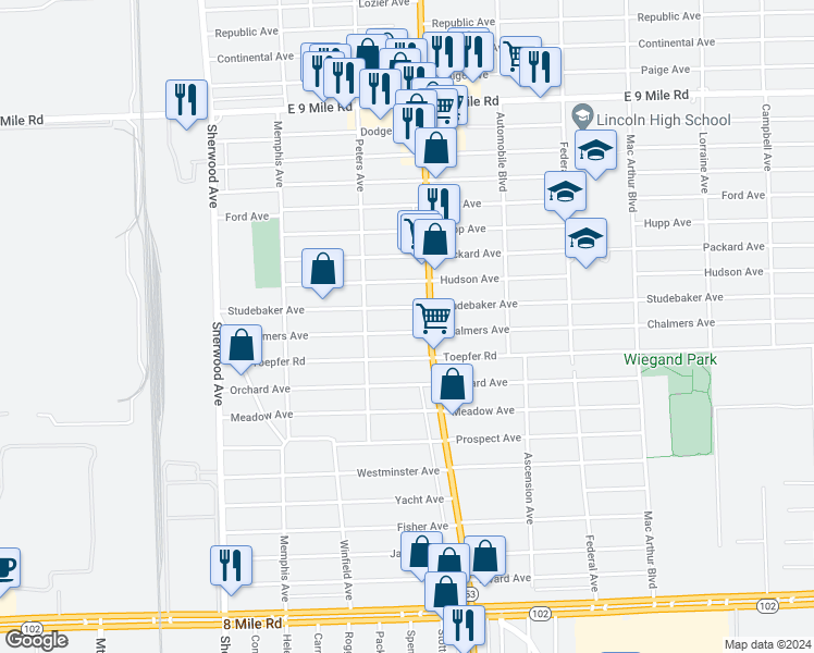 map of restaurants, bars, coffee shops, grocery stores, and more near 7583 Chalmers Avenue in Warren