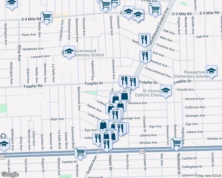 map of restaurants, bars, coffee shops, grocery stores, and more near 14969 Veronica Avenue in Eastpointe