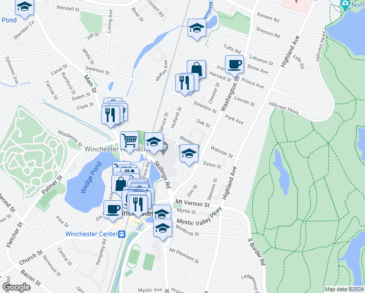 map of restaurants, bars, coffee shops, grocery stores, and more near 33 Nelson Street in Winchester