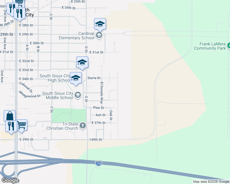 map of restaurants, bars, coffee shops, grocery stores, and more near El Paso Drive in South Sioux City